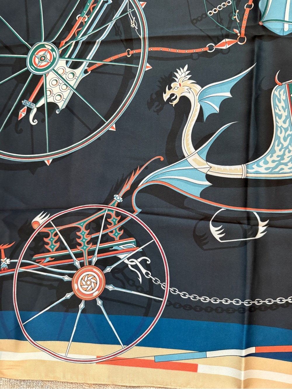 100% Silk 90cm Scarf with Carriage Wheel Motif - Navy, Beige, Red - Picture 5 of 9